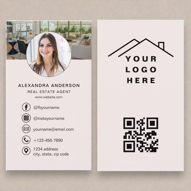Blush Pink QR Code Real Estate Agent Photo Logo Business Card (Creator Uploaded)