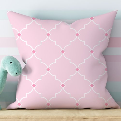 Blush Pink Quatrefoil Lattice Pattern Nursery Throw Pillow