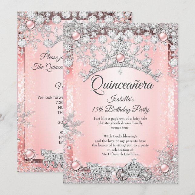 Blush Pink Quinceanera 15th Winter Carriage Invitation (Front/Back)