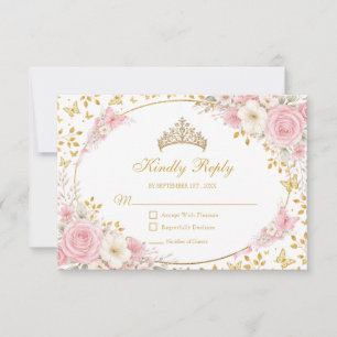 Blush Pink Quinceañera Golden Butterfly RSVP Card