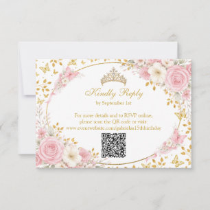 Blush Pink Quinceañera Golden Butterfly RSVP Card