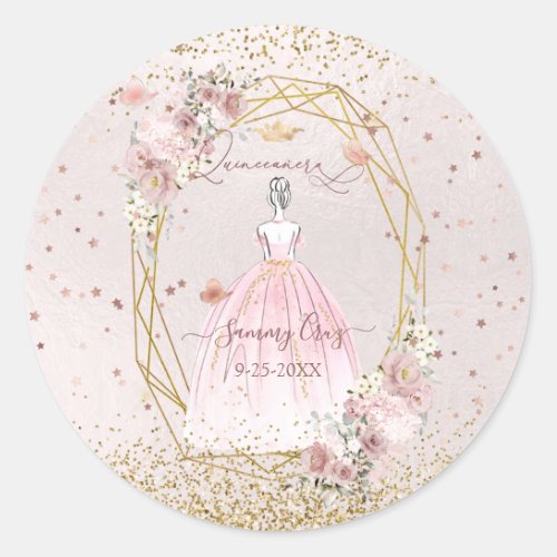 Blush Pink Quinceanera H2 Flowers Dusty Pink Roses Classic Round Sticker