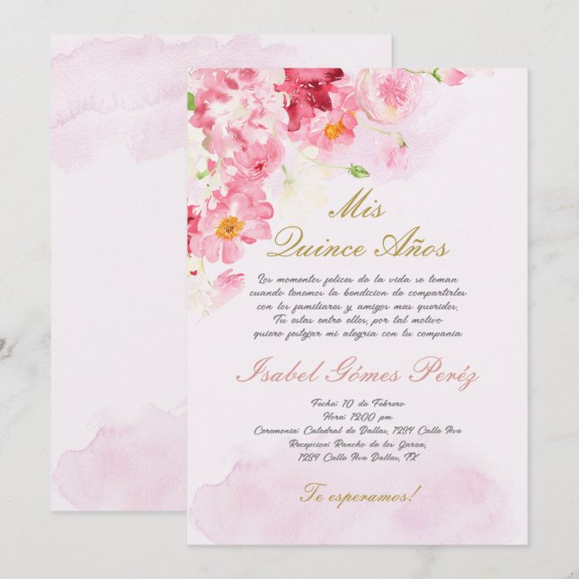 Blush pink Quinceanera invitation in Spanish (Front/Back)