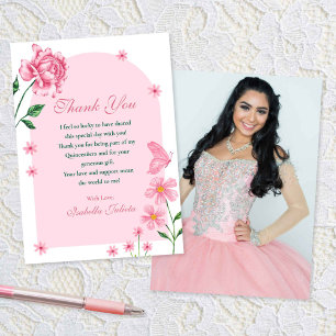 Blush Pink Quinceañera Roses and Butterflies Photo Thank You Card