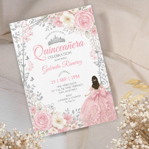 Blush Pink Quinceañera Silver Butterflies Invitation