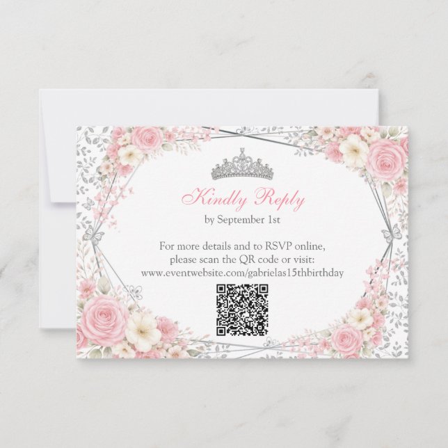 Blush Pink Quinceañera Silver Butterfly  RSVP Card (Front)