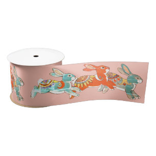 Blush Pink Rabbit Bunny Folk Art Tribal Pattern Satin Ribbon