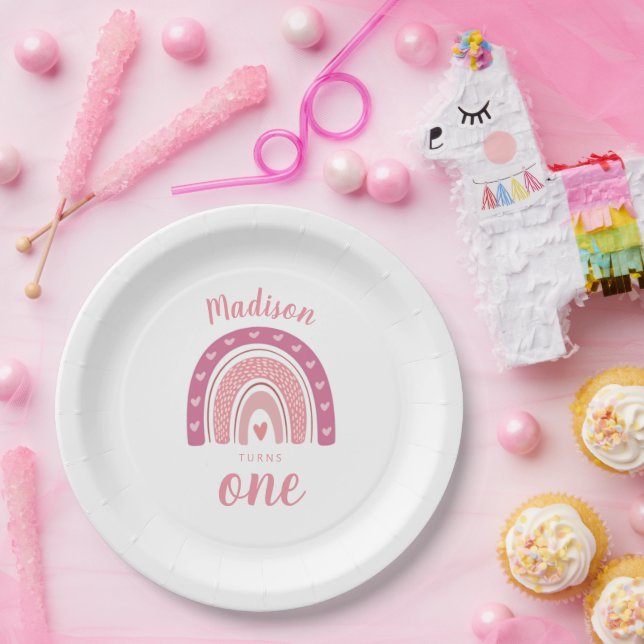 Blush Pink Rainbow Boho First Birthday Paper Plates (Party)