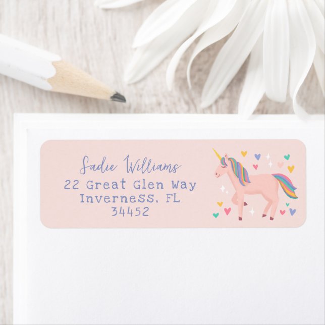 Blush Pink Rainbow Unicorn Kids Address Label (Insitu)