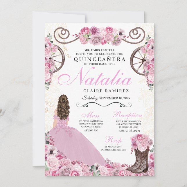 Blush Pink Ranchero Princess Dress Quinceanera Invitation (Front)