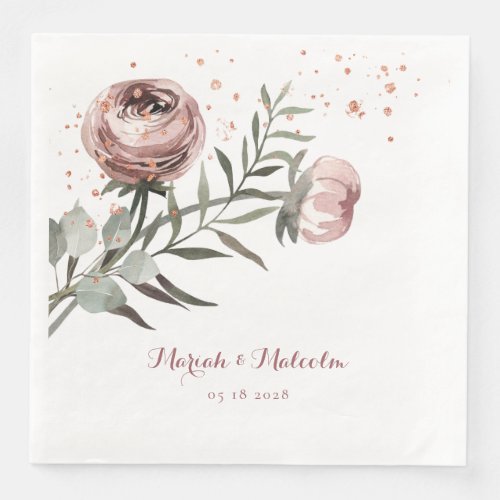 Blush Pink Ranunculus Eucalyptus Rose Gold Wedding Paper Dinner Napkins