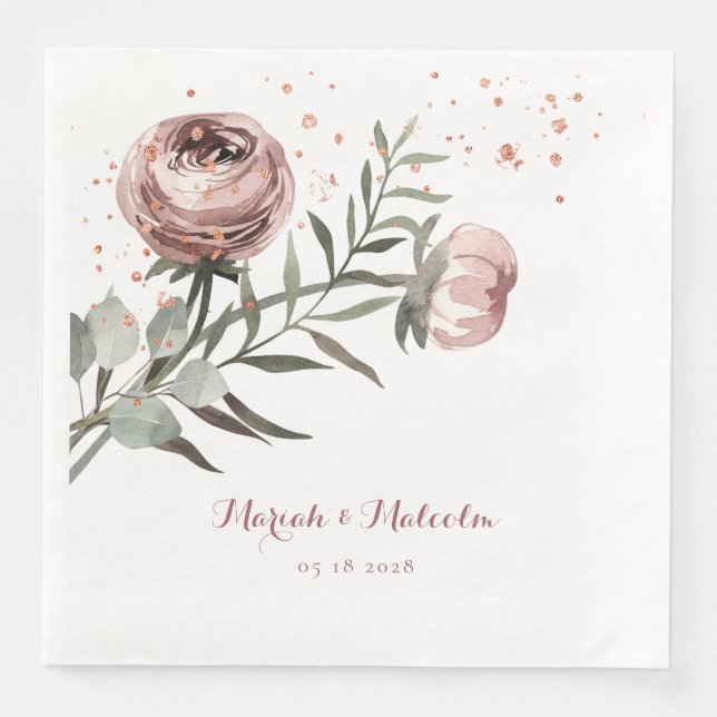 Blush Pink Ranunculus Eucalyptus Rose Gold Wedding Paper Dinner Napkins (Front)