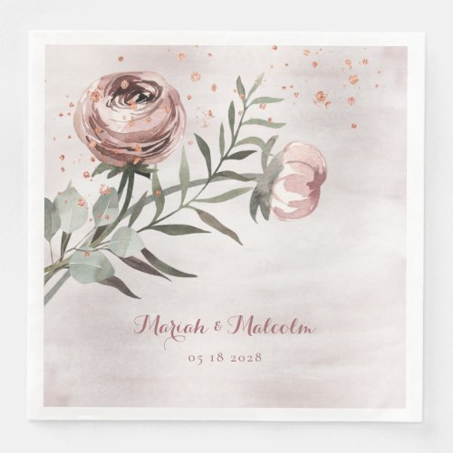 Blush Pink Ranunculus Eucalyptus Rose Gold Wedding Paper Dinner Napkins