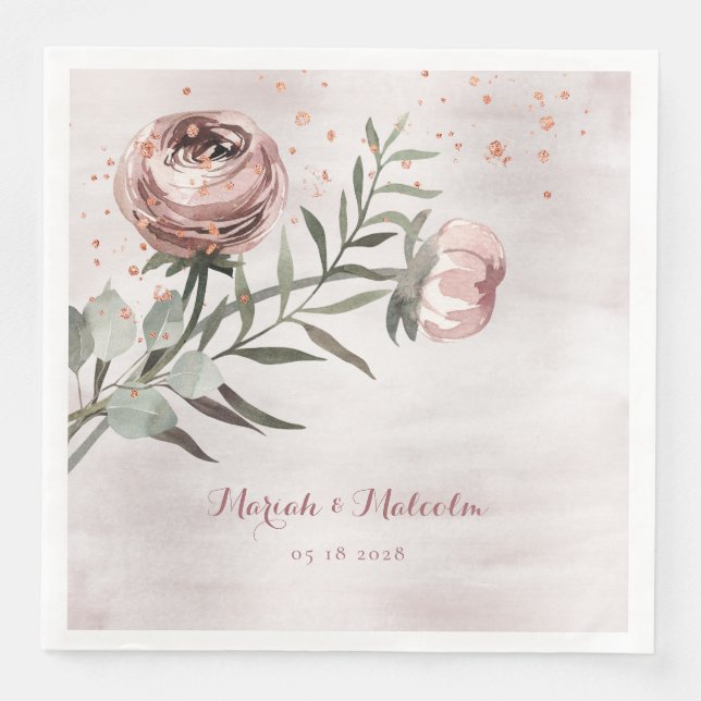 Blush Pink Ranunculus Eucalyptus Rose Gold Wedding Paper Dinner Napkins (Front)