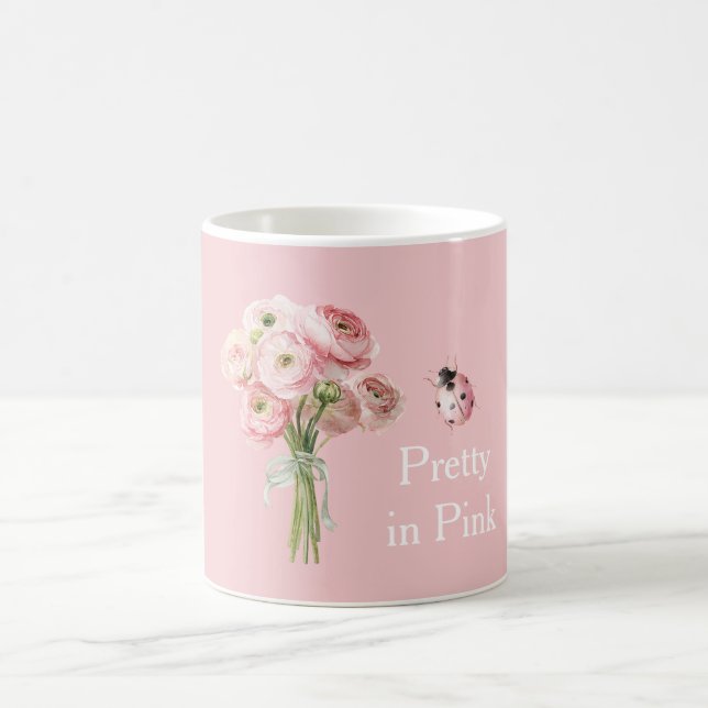 Blush Pink Ranunculus Flowers Ladybug Coffee Mug (Center)