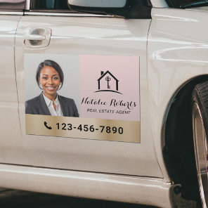 Blush Pink Real Estate Agent Modern Gold Photo Car Magnet