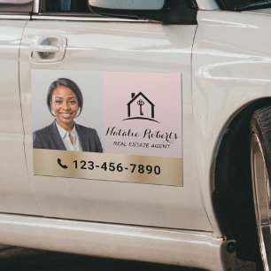 Blush Pink Real Estate Agent Modern Gold Photo Car Magnet
