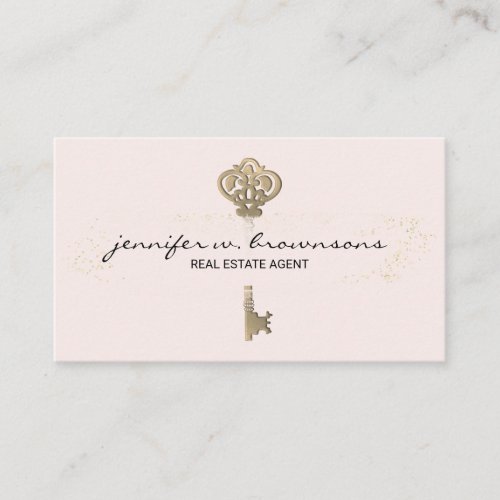 Blush Pink Real Estate Retro Gold Key Business Card