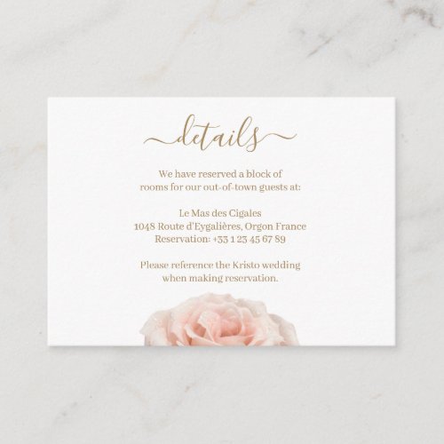 Blush Pink Realistic Rose Wedding Hotel Detail Enclosure Card