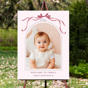 Blush Pink Red Bow 1st Birthday Photo Welcome Poster
