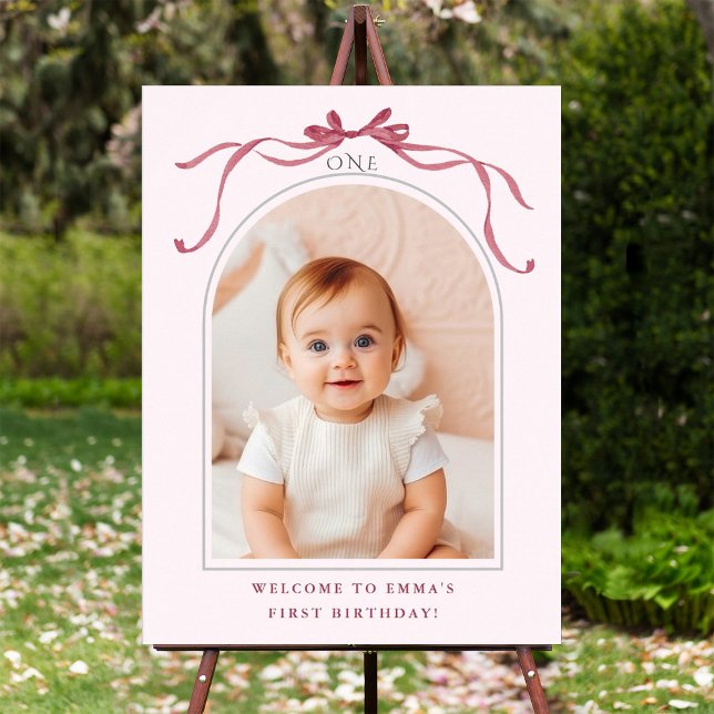 Blush Pink Red Bow 1st Birthday Photo Welcome Poster (Creator Uploaded)
