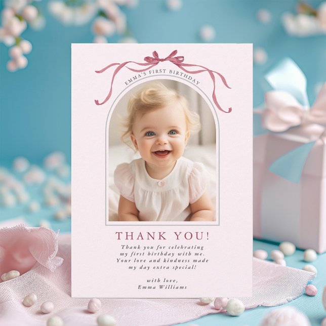 Blush Pink Red Bow Birthday Arch Photo Thank You Card (Creator Uploaded)
