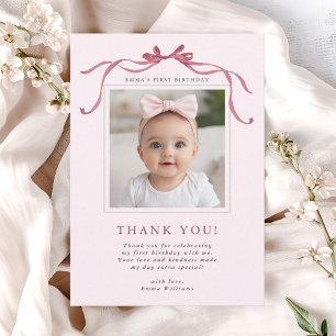Blush Pink Red Bow Birthday Photo Thank You Card
