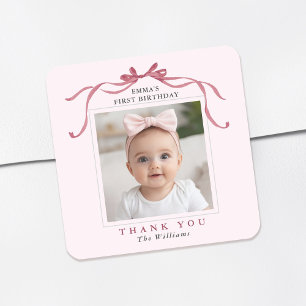 Blush Pink Red Bow Birthday Thank You Square Sticker