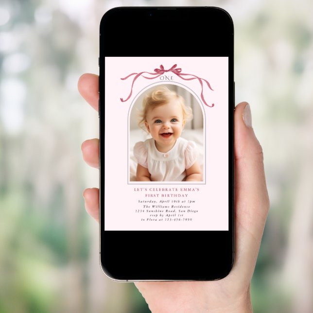 Blush Pink Red Bow Girl 1st Birthday Arch Photo Invitation (Front Digital)