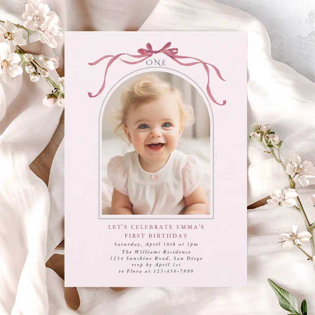 Blush Pink Red Bow Girl 1st Birthday Arch Photo Invitation | Zazzle