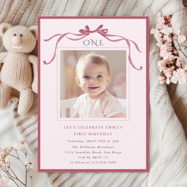 Blush Pink Red Bow Girl 1st Birthday Party Invitation (Creator Uploaded)