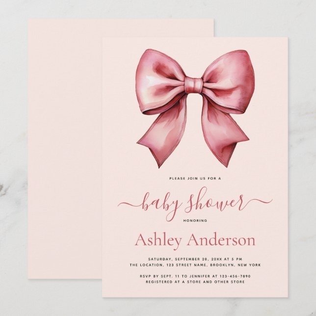 Blush Pink Red Bow Girl Baby Shower Invitation (Front/Back)