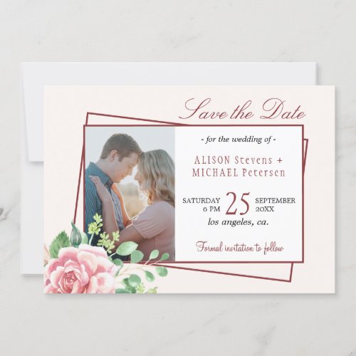 Blush Pink  Red Burgundy Chic Rose Wedding Photo Save The Date