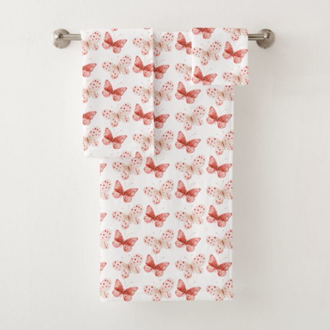 Blush Pink Red Butterflies   Bath Towel Set (Insitu)
