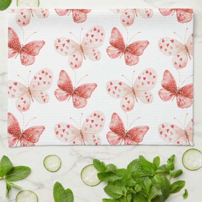 Blush Pink Red Butterflies   Kitchen Towel (Folded)