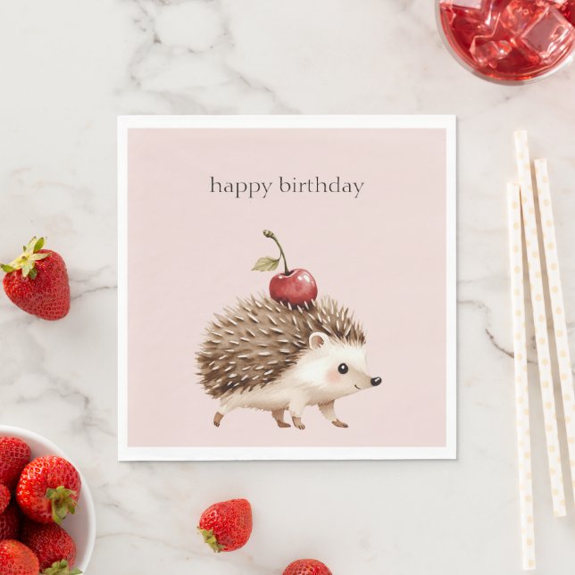 Blush Pink Red Cherry Adorable Hedgehog Birthday Napkins (Insitu)