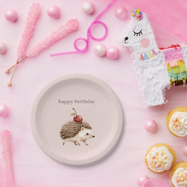 Blush Pink Red Cherry Adorable Hedgehog Birthday Paper Plates (Party)