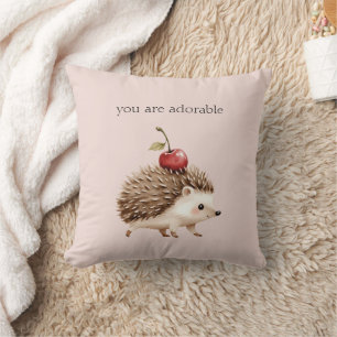 Blush Pink Red Cherry Adorable Hedgehog Throw Pillow