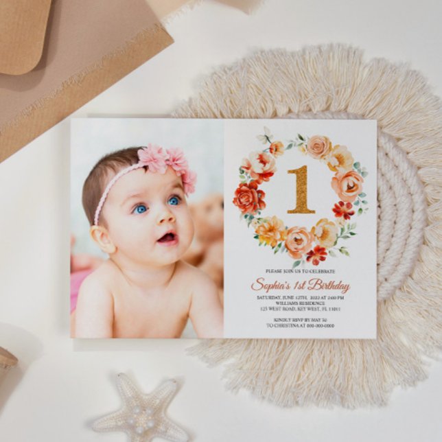 Blush Pink & Red Flowers Wreath Photo 1st Birthday Invitation (Creator Uploaded)
