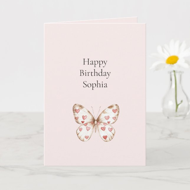 Blush Pink Red Hearts Butterfly Birthday Card (Small Plant)