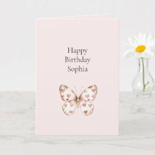 Blush Pink Red Hearts Butterfly Birthday Card