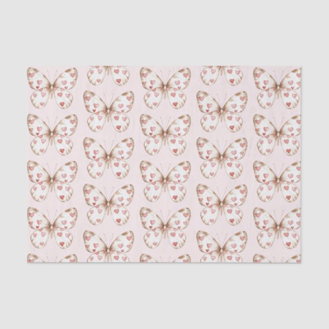Blush Pink Red Hearts Butterfly Birthday Tissue Paper (Front)