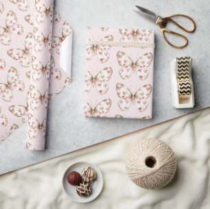 Blush Pink Red Hearts Butterfly Birthday Wrapping Paper