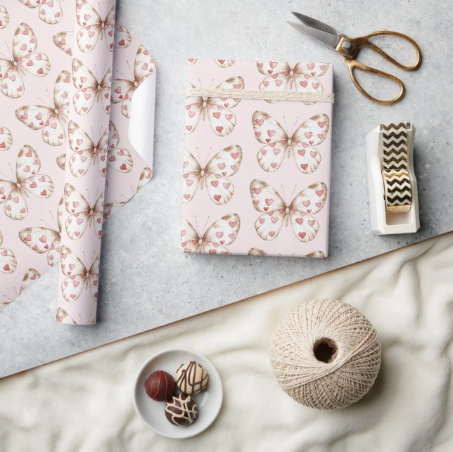 Blush Pink Red Hearts Butterfly Birthday Wrapping Paper (Crafts)