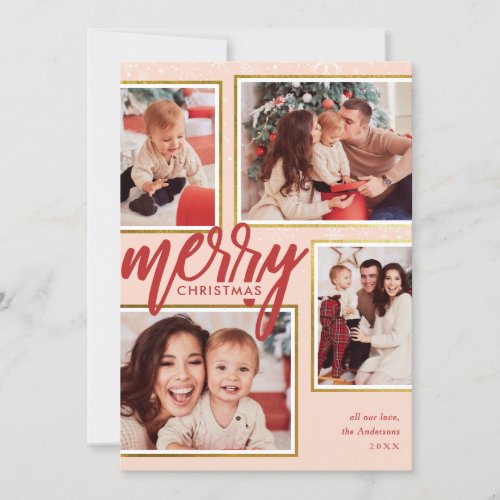 Blush Pink  Red Merry Christmas 4 Photo Collage Holiday Card