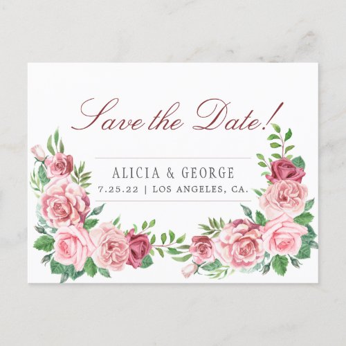 Blush Pink Red Peony Roses Chic Wedding Announcement Postcard