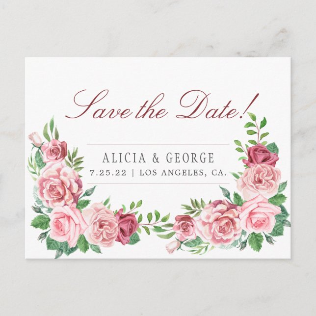 Blush Pink Red Peony Roses Chic Wedding Announcement Postcard (Front)