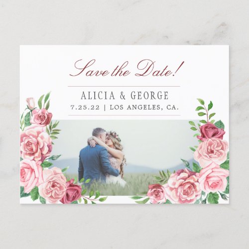 Blush Pink Red Peony Roses Wedding PHOTO Announcement Postcard