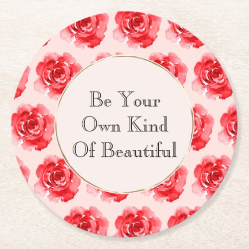 Blush Pink Red Roses Floral Round Paper Coaster