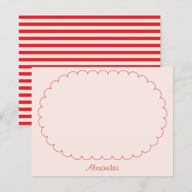 Blush Pink Red Script Custom Name Frame & Stripes Note Card (Front/Back)